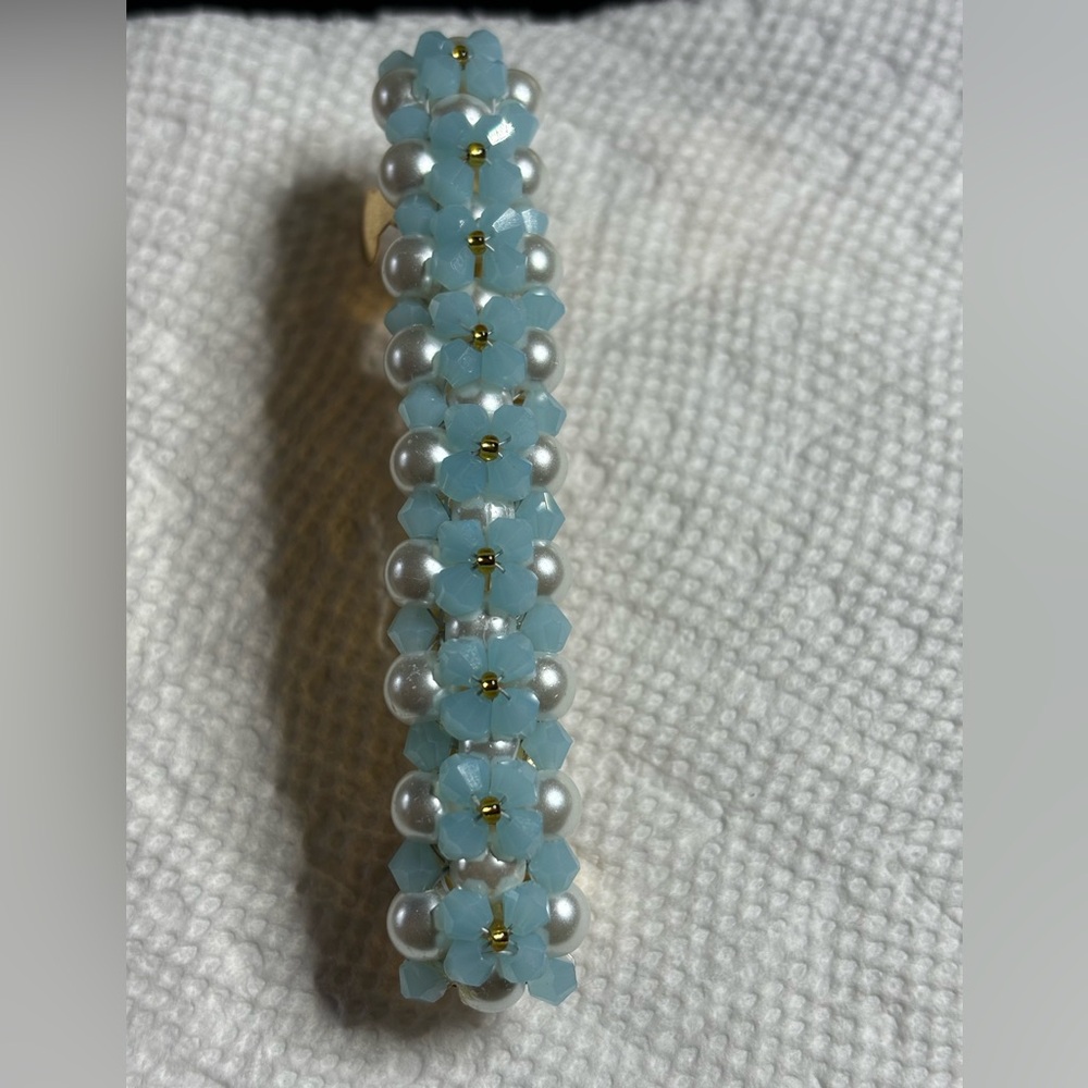 Handmade white and baby blue beaded hair barrette 3 inches